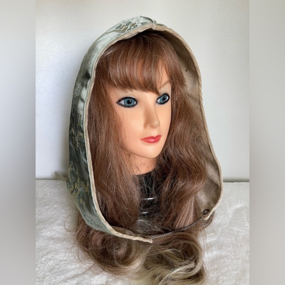 Vintage Floral Satin Hooded Scarf - Green